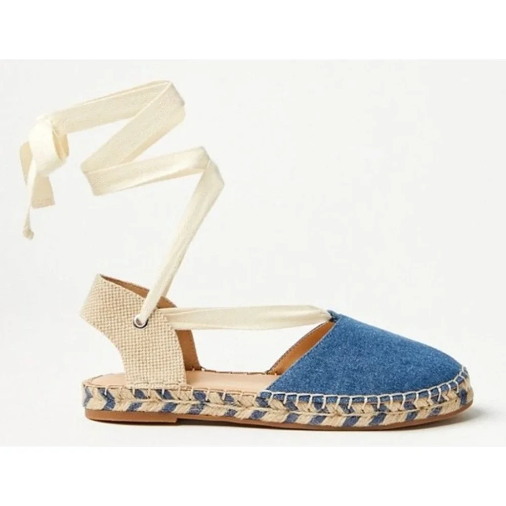 Ann Taylor Loft Chambray Lace Up‎ Espadrille Flats Size 9 EUC